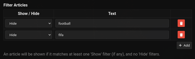 Filter table in the Edit Feed dialog
