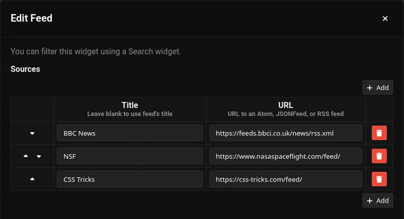 Sources table in the Edit Feed dialog