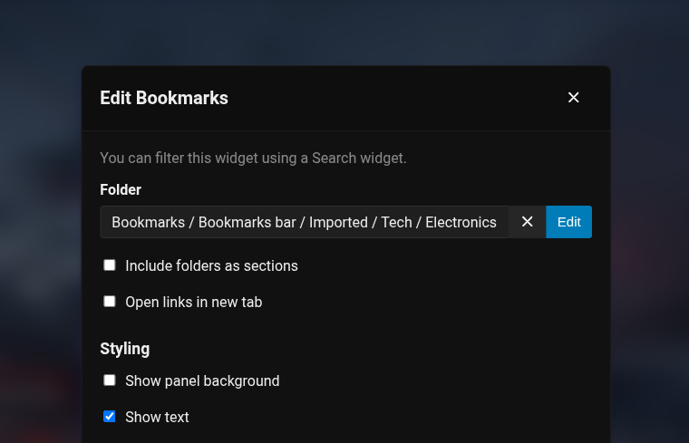 Choosing a bookmarks folder to show in the Bookmarks widget.