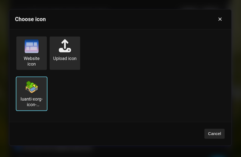 The icon selection dialog. You can choose to use the website icon or upload your own.
